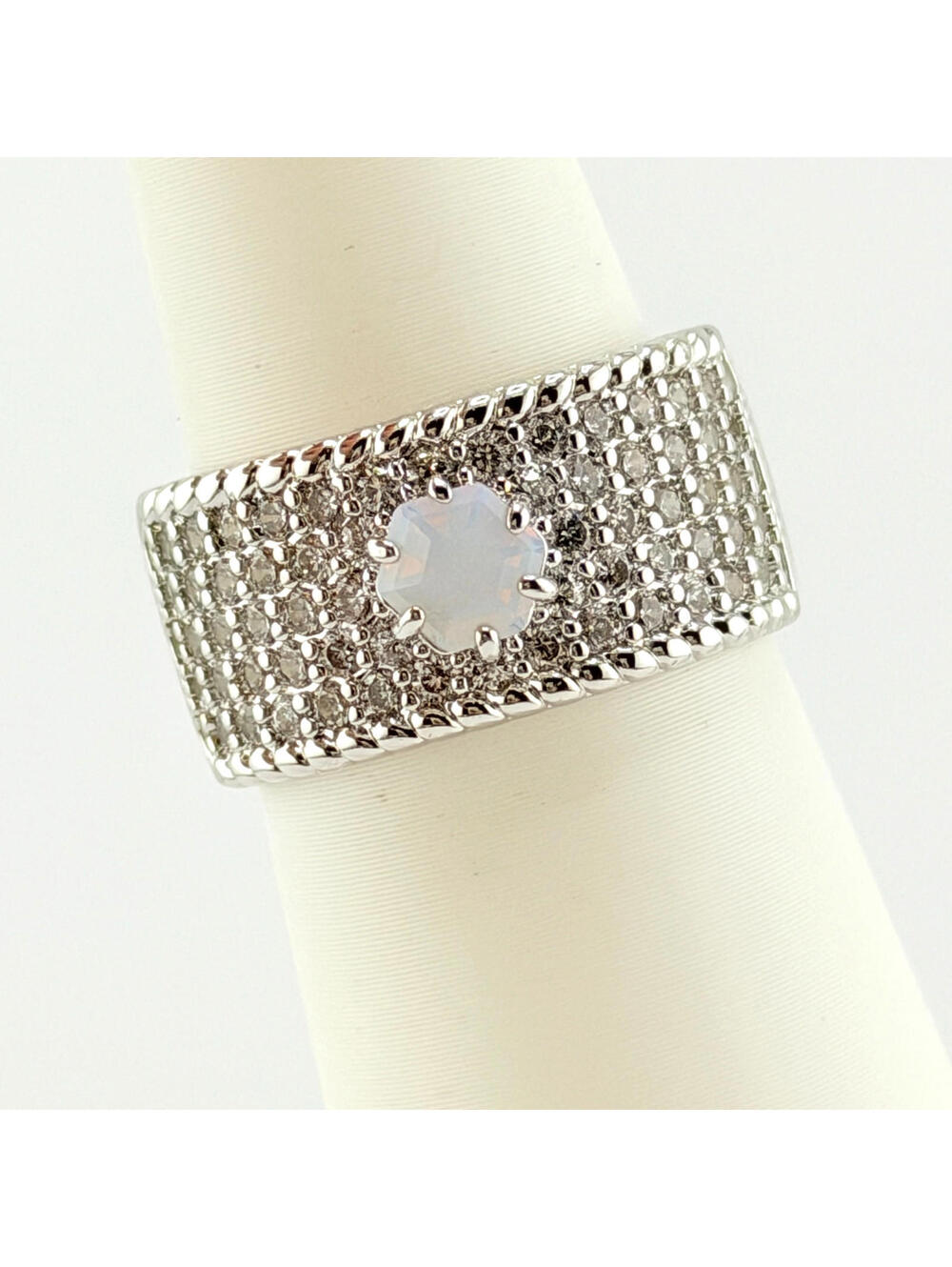 Bomb Party Ring Sz 8 “She’s Beauty and Grace” Moonstone on Rhodium RBP6775